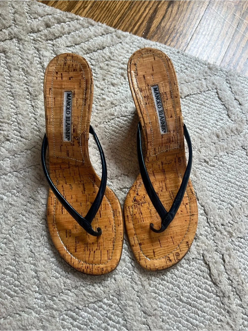 Manolo Blahnik vintage corkblock pattern navy flip flop wedges, size 38.5